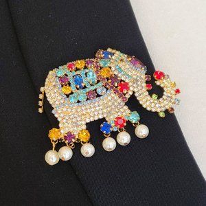 Vintage Rhinestone Elephant Brooch, Faux Pearl & Multi Color Rhinestone …